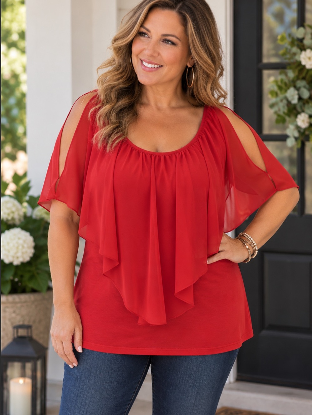Leo Rosi Red Cold-Shoulder Draped Top size XL
